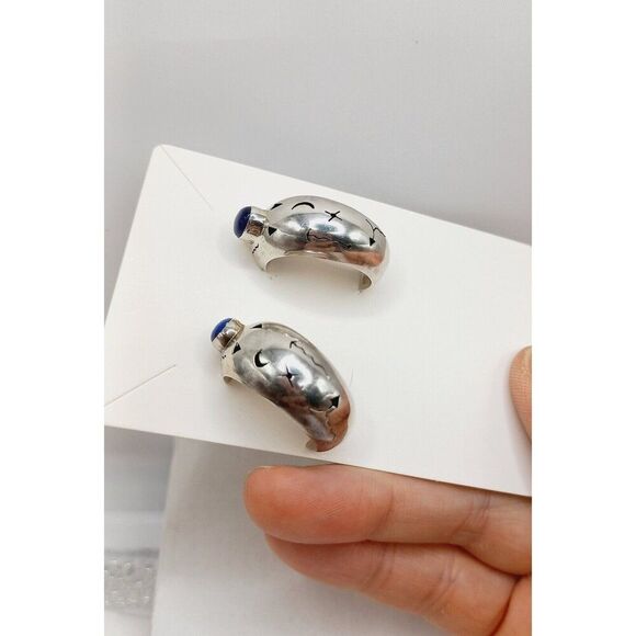 Vintage Sterling Silver Lapis Statement Earrings w Symbols Tribal Southwestern - Picture 12 of 13